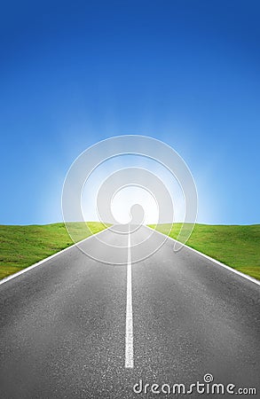 Road, fields and blue sky Stock Photo