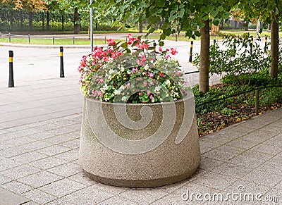 Road Flower Pot, Street Bed, Modern City Floristry, Urban Flowerbeds Design, City Flowers Landscaping Stock Photo