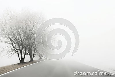 the road with fog in winter, beautiful view, snow and frost Stock Photo