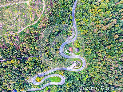Road through forest in autumn. Aerial Drone Shot Stock Photo