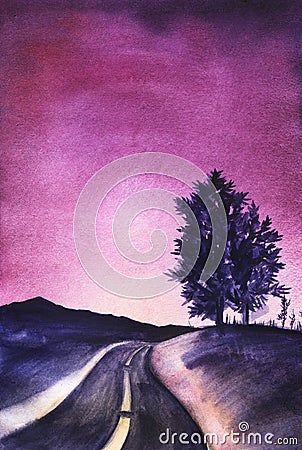 Dark blue silhouette of the mountains and two trees on a hill on a gradient sky from dark violet to bright purple. Cartoon Illustration