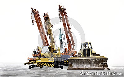road grader heavy machinery and construction Earthworks grader machine. Mobile Crane, Tower Crane Stock Photo
