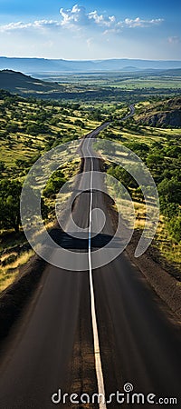 A road through a green field. Vertical panorama Stock Photo