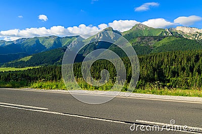 Road in green summer landscape of Tatra Mountains in Zdiar village, Slovakia Stock Photo