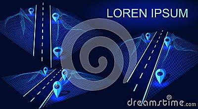 Road, highway in 3D. Futuristic hud design element. Navigation method with markers. Geolocation with lorem ipsum Vector Illustration