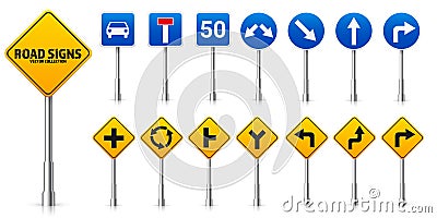 Road highway regulatory signs set. Traffic control and lane usage. Stop and yield. Vector illustration. Vector Illustration