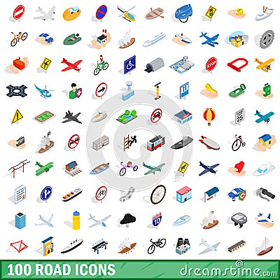 100 road icons set, isometric 3d style Vector Illustration