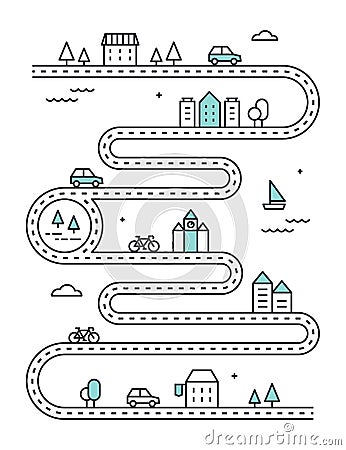 Road Illudtrated Map with Town Buildings and Transport. Vector Infographic Design Vector Illustration