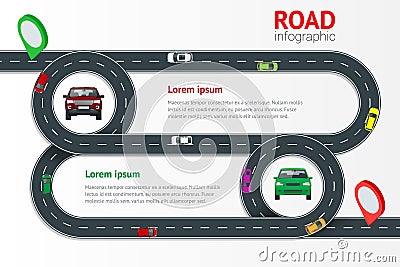 Road infographic template with colorful pin pointer vector illustration. Moving cars on road, top view. Path and travel Vector Illustration