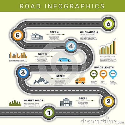 Road infographic. Timeline with point map business workflow graphic vector template Vector Illustration