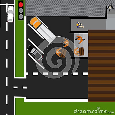 Road infographics. Displayed goods unloaded in the store. Road, cars, delivery. Vector Illustration