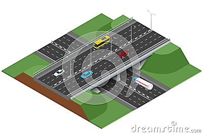 Road infographics with highways with city transport. Flat 3d isometric concept of the city with highways Vector Illustration