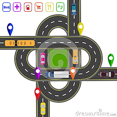 Road infographics. Noted on various objects map. Abstract transportation hub. The intersections of various roads Vector Illustration