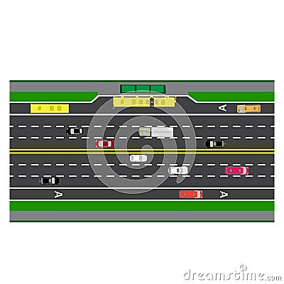 Road infographics. Plot road, highway, street with the bus stop. With different cars. Vector Illustration