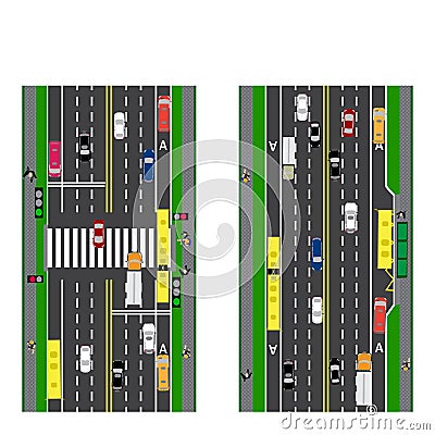 Road infographics. Plot road, highway, street. Intersection. With different cars. Vector Illustration