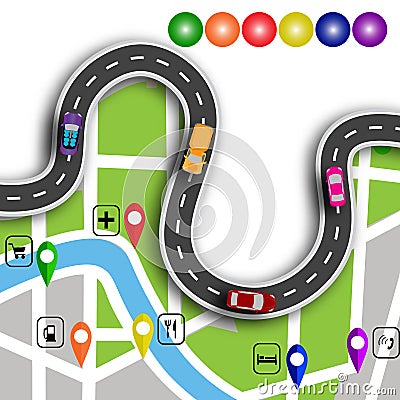 Road infographics. Winding road with 3d signs. The path specifies the location on the map navigator. illustration Vector Illustration
