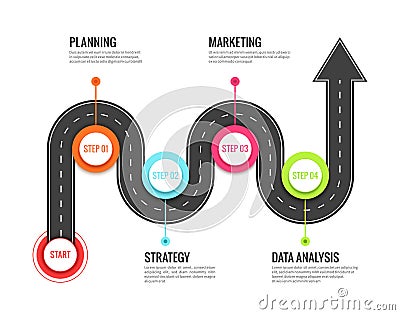 Road journey infographic. Trip directional map winding road, travel to success. Footpath vector concept Vector Illustration