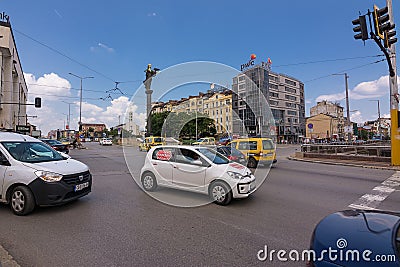 Road junction and traffic in the center of Sofia with the Statue of Saint Sophia in Sofia Bulgaria Editorial Stock Photo