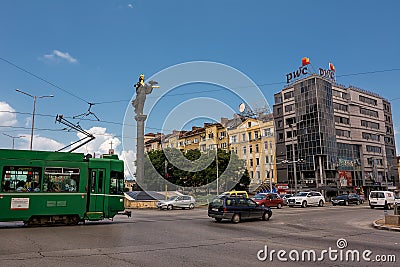 Road junction and traffic in the center of Sofia with the Statue of Saint Sophia in Sofia Bulgaria Editorial Stock Photo