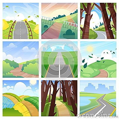 Road landscape vector roadway in forest or way to field lands with grass and trees in countryside illustration journey Vector Illustration