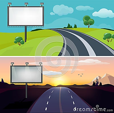 Road landscapes. Day night highway with blank billboard. Country evening morning roadway vector background Cartoon Illustration