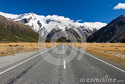 Road leading into Aoraki Mt Cook National Park NZ Stock Photo