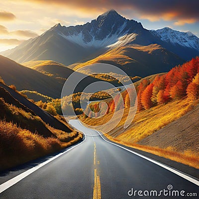 road leading to autumn mountain fictional landscape Cartoon Illustration