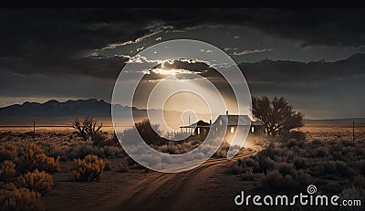 Road leading to the haunted paranormal ranch under the glowing moonlight. Generative AI Stock Photo