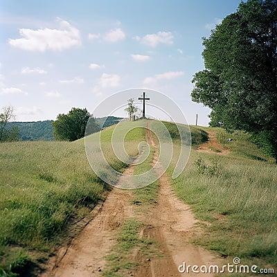 The road leads into the distance, at the end of the road there is a grave cross, the concept of finiteness Stock Photo