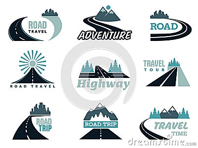 Road logo collection. Street navigation direction mark, traffic route emblem, green traffic strip. Vector set Vector Illustration