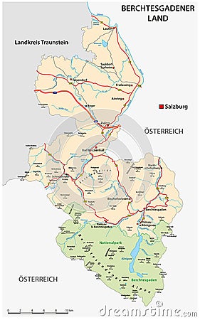 Road map of the Berchtesgadener Land district, Bavaria, Germany Vector Illustration