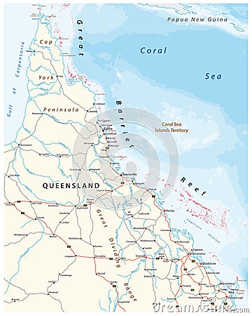 Road map of the cap york peninsula with the great barrier reef, Queensland, Australia Vector Illustration