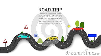 Road map with car location. Roadmap of trip or journey. Winding way race on highway with taxi. Infographic and guidance for summer Vector Illustration