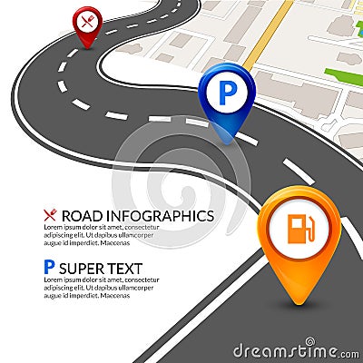 Road map city infographic with colorful pins pointer. Road street navigation perspective map template Vector Illustration