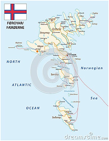 Road map of the Faroe Islands North Atlantic Archipelago with flag, Denmark Vector Illustration