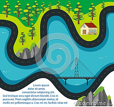 Road map with house and forest Vector Illustration