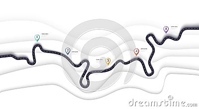 Road map and journey route infographics template. Winding road timeline illustration. Flat vector. Eps 10 Vector Illustration