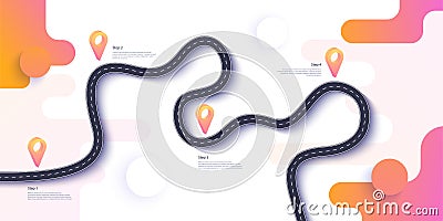 Road map and journey route infographics template. Winding road timeline illustration. Flat vector. Eps 10 Vector Illustration