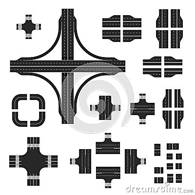 Road map kit. Construction road elements with different markings Vector Illustration