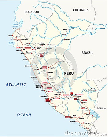 Road map of Peru with the main Inca ruins Vector Illustration