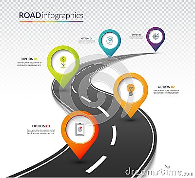 Road map timeline infographic template with 5 colorful pin pointers on the way. Vector illustration Vector Illustration