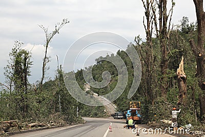 Road in Medeo (Medeu) rink in Almaty after smerch, Kazakhstan Editorial Stock Photo