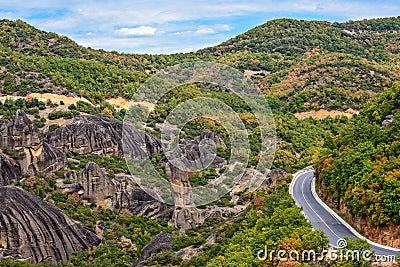 Road between Meteora rocks Stock Photo