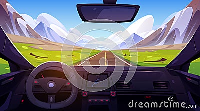 Road in mountain valley view from car windshield Cartoon Illustration