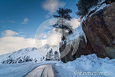 Road in the mountains, in winter time. Kaunertal, Tyrol, Austria, Europe. The Alps Stock Photo