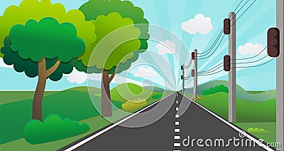 Road with nature landscape in perspective.Country road with lamppost , hills and sky shining backgroud Vector Illustration