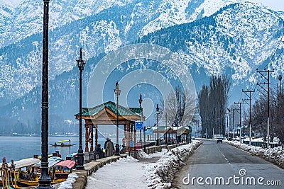 Road next to Dal Lake in winter, Srinagar, Kashmir, India Editorial Stock Photo