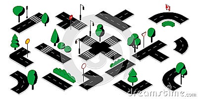 Road parts. City street blocks with crossroads and crosswalk. Isometric roadway with lights and traffic signs, bushes or Vector Illustration