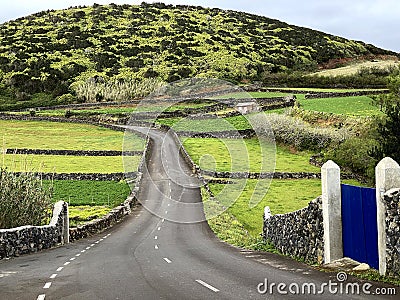 Road and Pastures on Terceira Island in the Azores Stock Photo