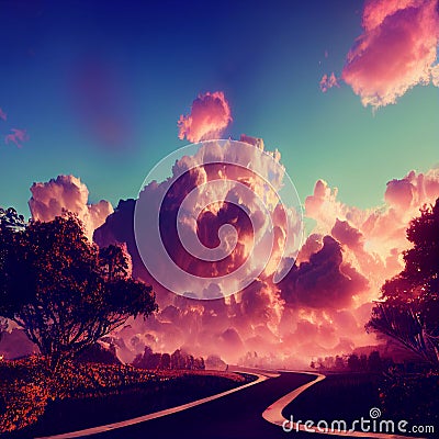 The road, the path leading to the sky, the road to the clouds, to paradise Cartoon Illustration